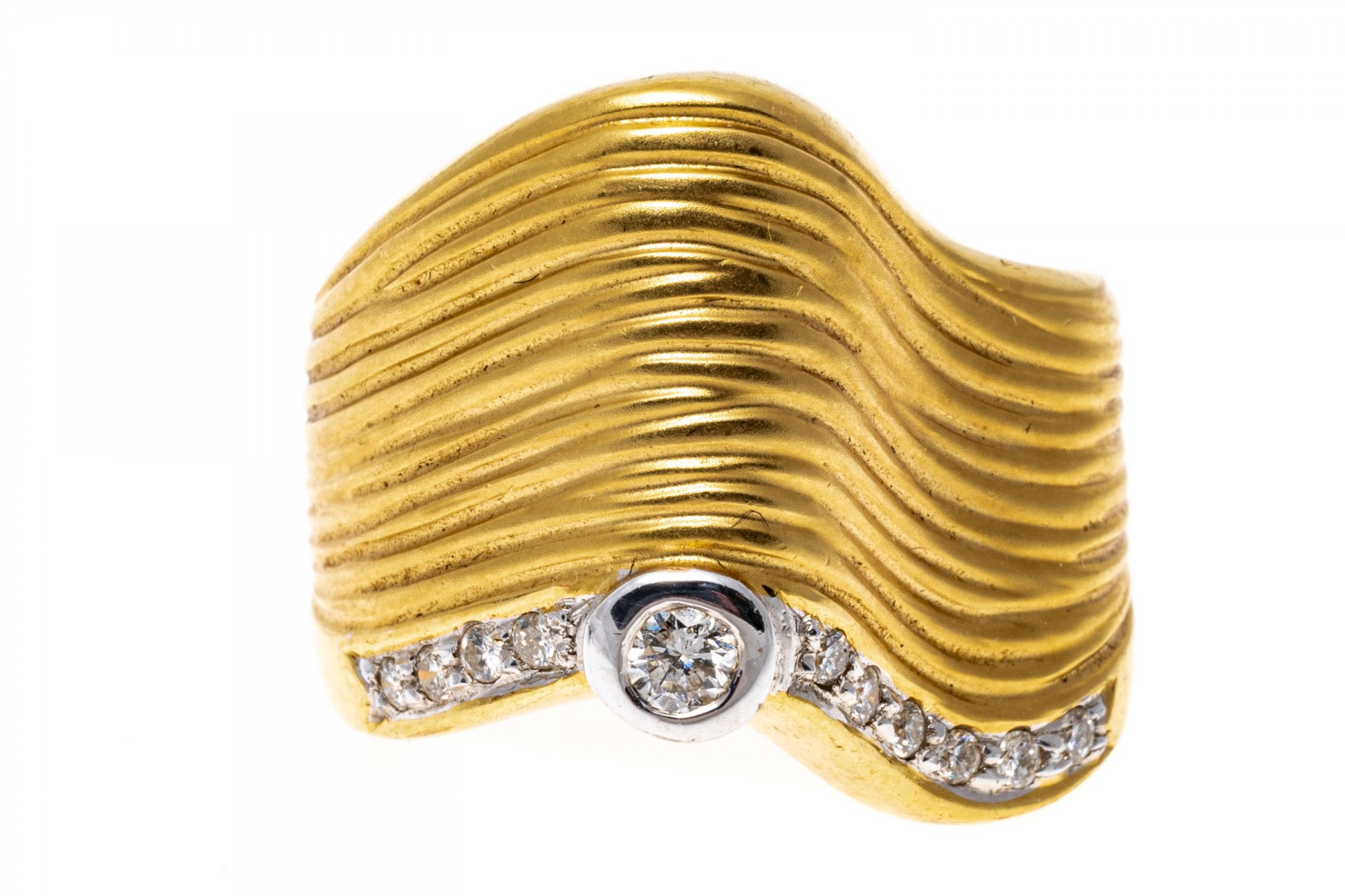 18k Yellow Gold Ultra Wide Free Form Diamond Set Wave Ring, App