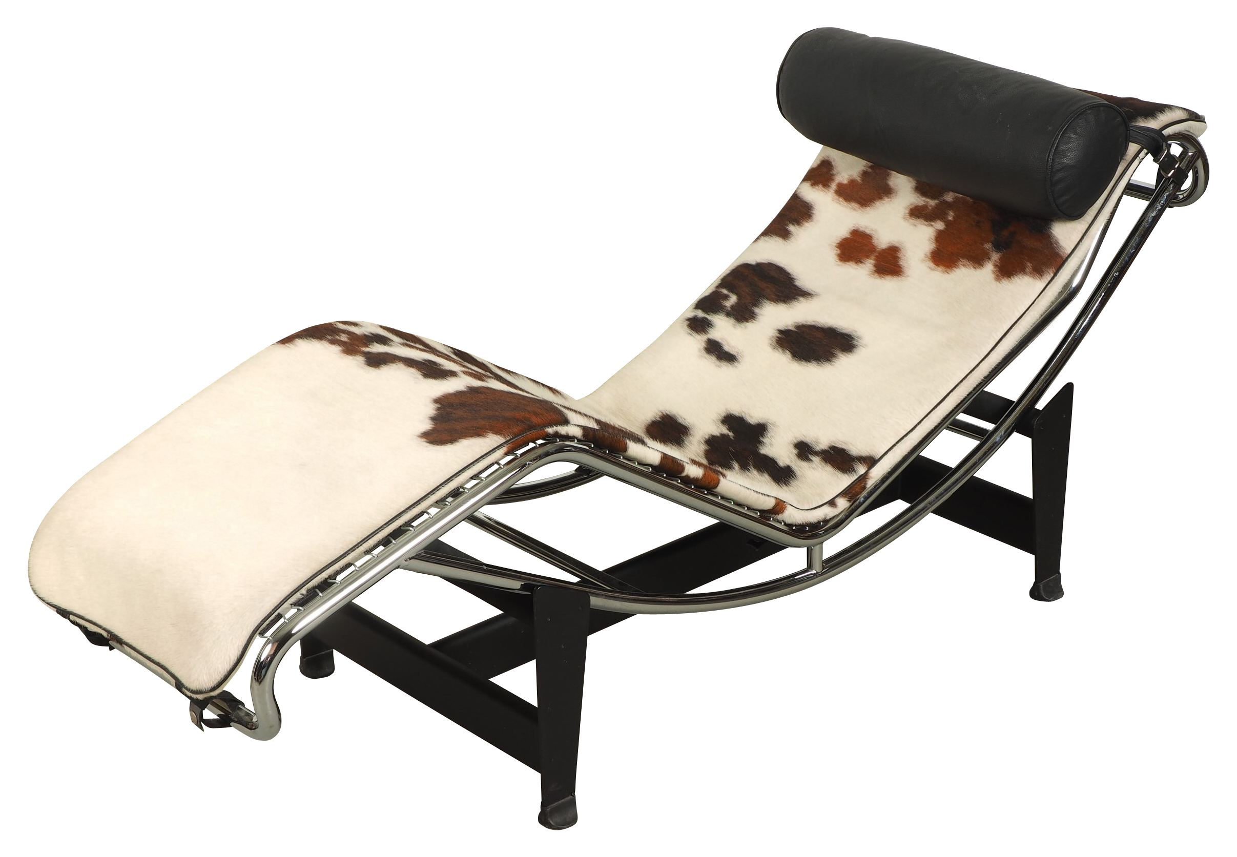 Le Corbusier Style Lounge Chaise - Leather Black and White Cowhide