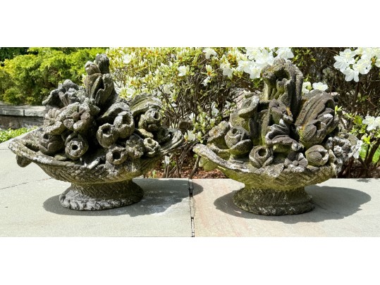 Vintage Weathered Concrete Basket Garden Sculptures
