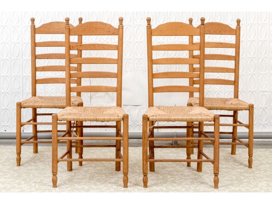Provincial Style Set Of Four Ladder Back Chairs With Rush Seats