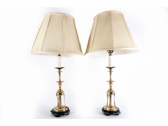 Mid 20th Century Japanese Brass Candlestick Table Lamps