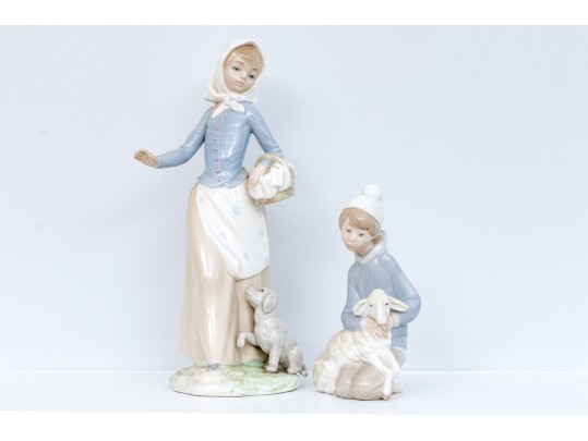 Lladro Woman With Dog & Young Boy With Lamb, Porcelain Figurines