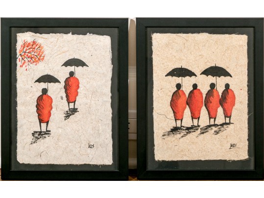 Set Of Two Oil On Mulberry Paper Paintings, Figures In Traditional Attire With Umbrellas