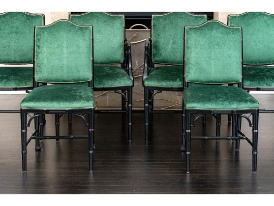 Six Chinese Chippendale Style Black Lacquered Dining Chairs In Green Faux Snakeskin Upholstery