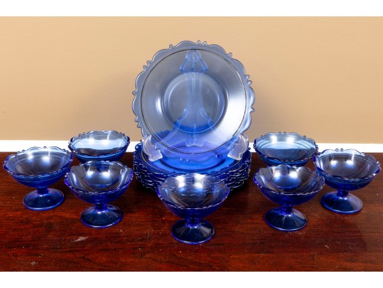 Mt. Pleasant Cobalt Blue Smith Glass Sherbet Cups & Plates