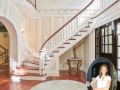 A grand foyer entryway with sweeping staircase and glass sculpture chandelier by designer Lori Feldman (inset) | BRG