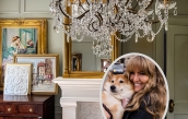 Ashley Piomelli and her puppy's image is inset over a French-inspired room with large crystal chandelier, faux fireplace with large gilt mirror, and a vignette of works of art layered atop a mahogany chest of drawers.  | BRG